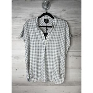 W5 Blouse Womens Large Blue Gingham V Neck Short Sleeve Top Button Back NWT